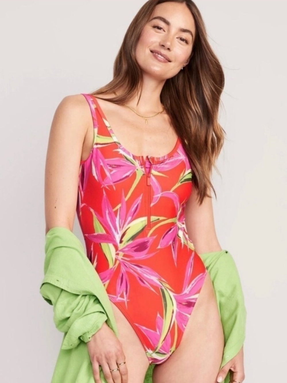 Old Navy Tropical One Piece Front Zip Scoop Back Swimsuit